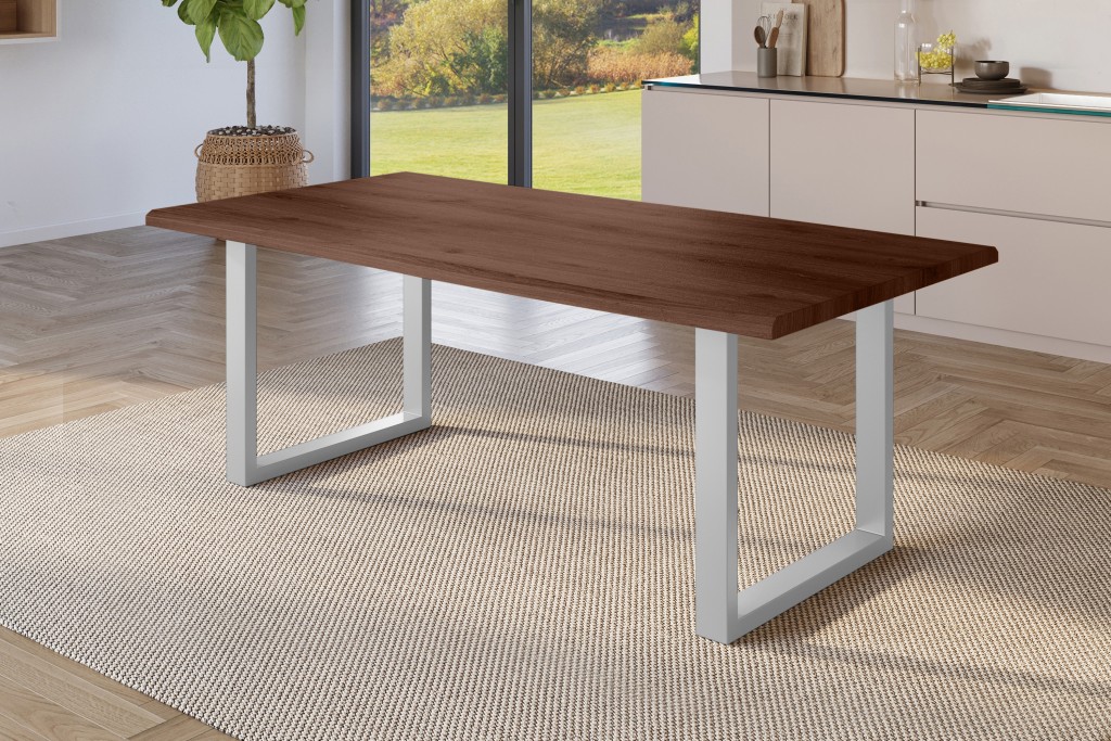Esstisch Baumkante Holz-Optik Nussbaum 220 x 100 U-Gestell silber JULIUS