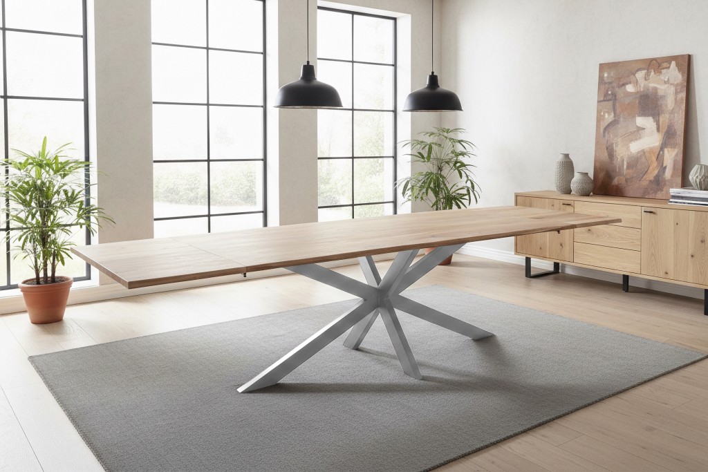 Esstisch Baumkante Akazie natur 220(320)x100 Ansteckplatten Spider-Gestell silber AVINO