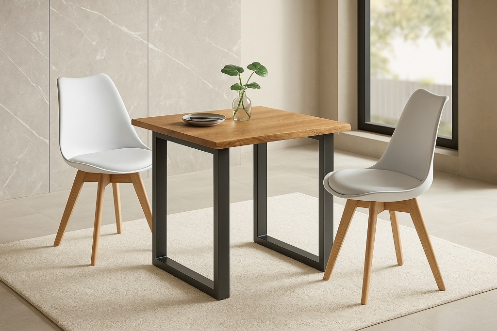 Essgruppe Baumkante massiv 80 x 80 cm Holz Wildeiche-Optik U-Gestell schwarz & 2 Stühle weiß JOSY