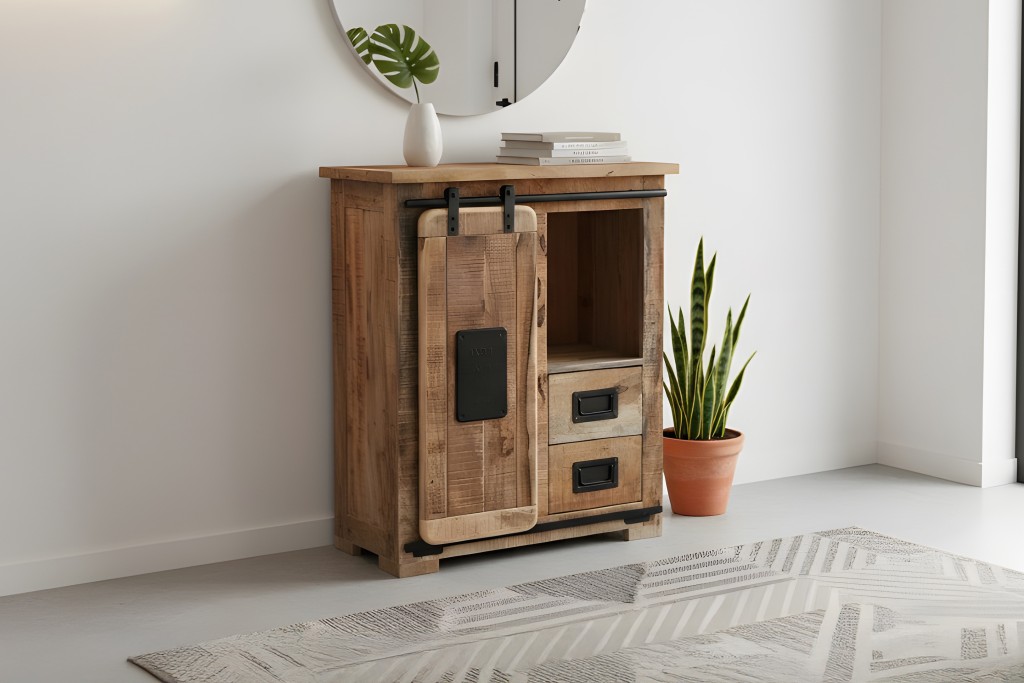 Sideboard Kommode mit Holzrolltür Mango Rough massiv 75 x 36 x 90 cm LIBRO