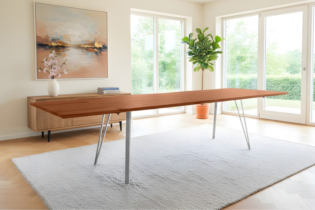 Esstisch Baumkante Akazie nuss 200(300)x100 Ansteckplatten Vierfuß-Gestell silber AVINO