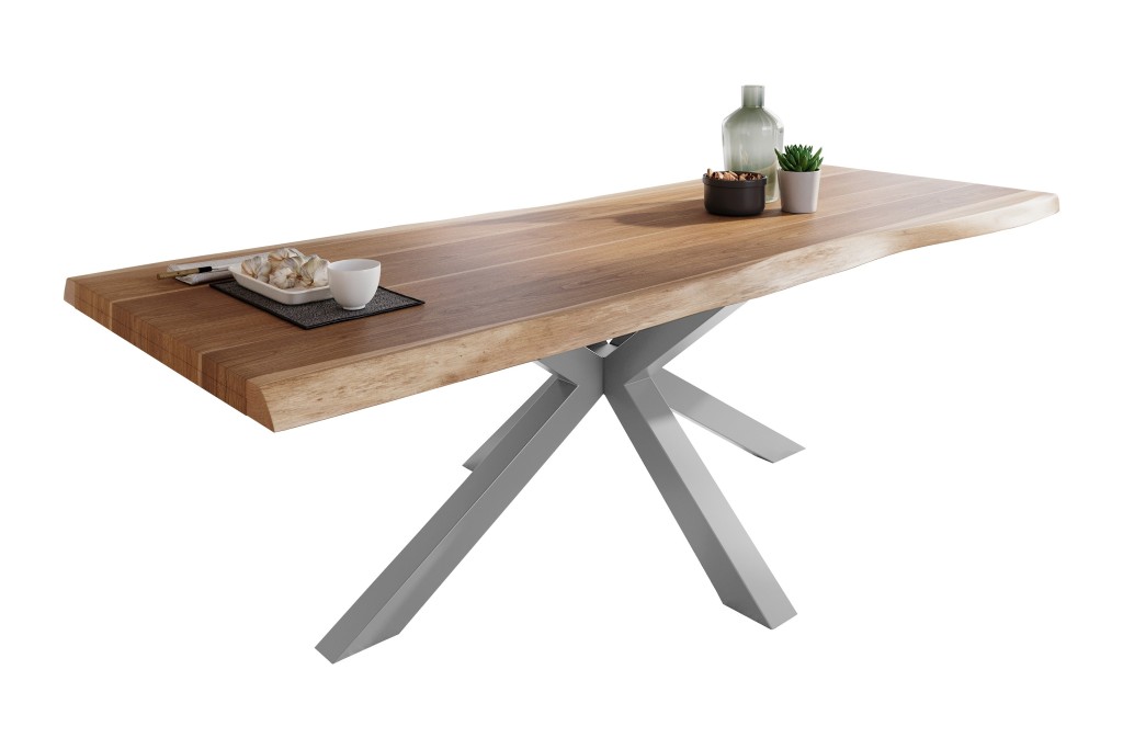 Esstisch Baumkante massiv Akazie natur 300 x 100 Spider-Gestell silber ATLAS