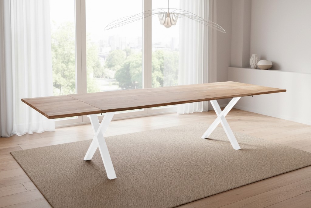 Esstisch Baumkante Akazie natur 220(320)x100 Ansteckplatten X-Gestell weiß AVINO