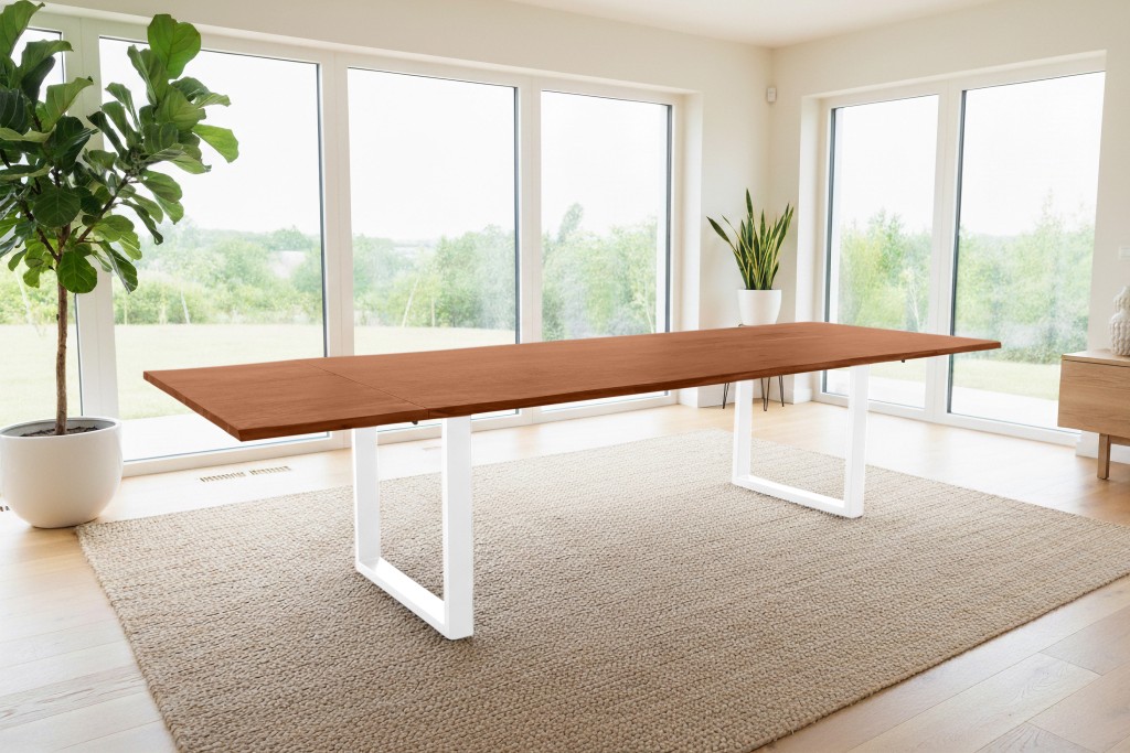 Esstisch Baumkante Akazie nuss 220(320)x100 Ansteckplatten U-Gestell weiß AVINO