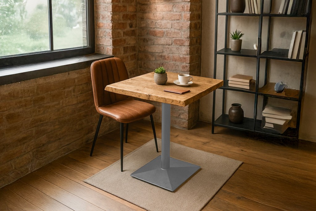 Bistrotisch Baumkante massiv 60 x 60 cm Akazie natur silber Säulengestell INES