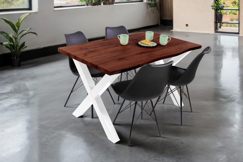 Esstisch Baumkante Holz-Optik Nussbaum 140 x 80 X-Gestell weiß JOSY