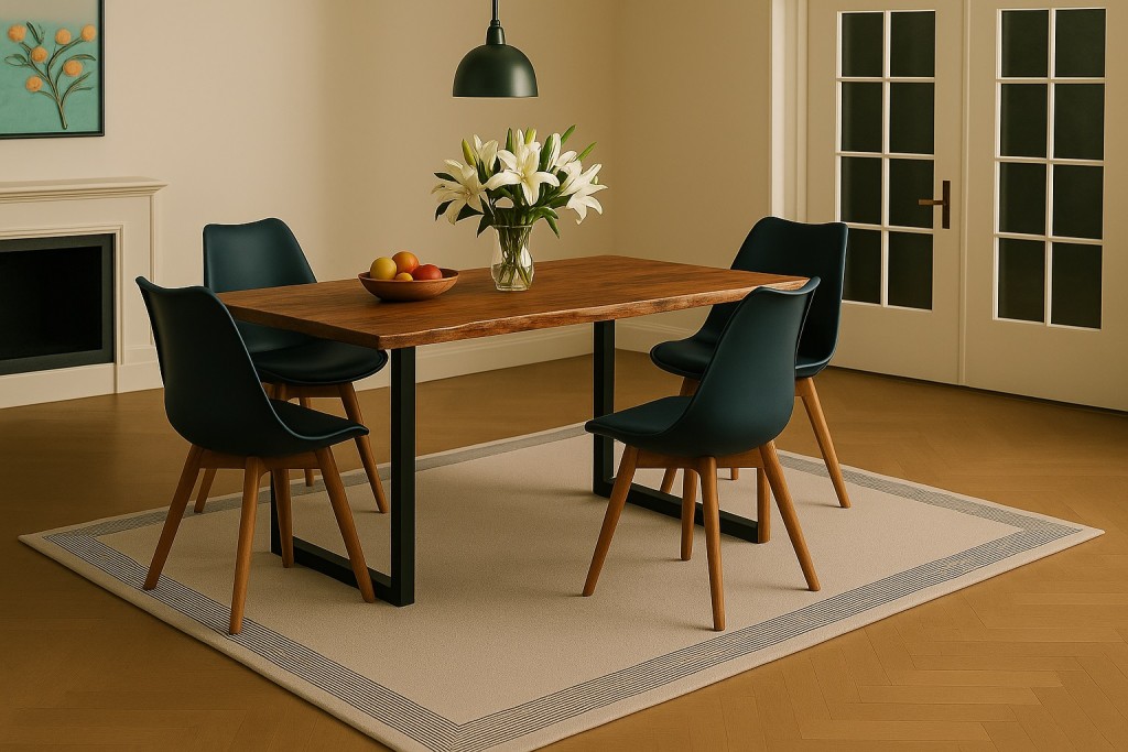 Essgruppe Baumkante massiv 120 x 80 cm Akazie nussbaumfarben U-Gestell schwarz & 4 Stühle schwarz QUINN