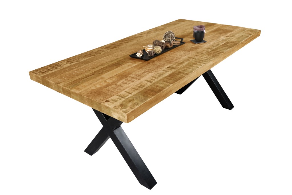 Esstisch 180 x 90 cm Mango rough massiv gerade Kanten X-Gestell Schwarz LIBRO