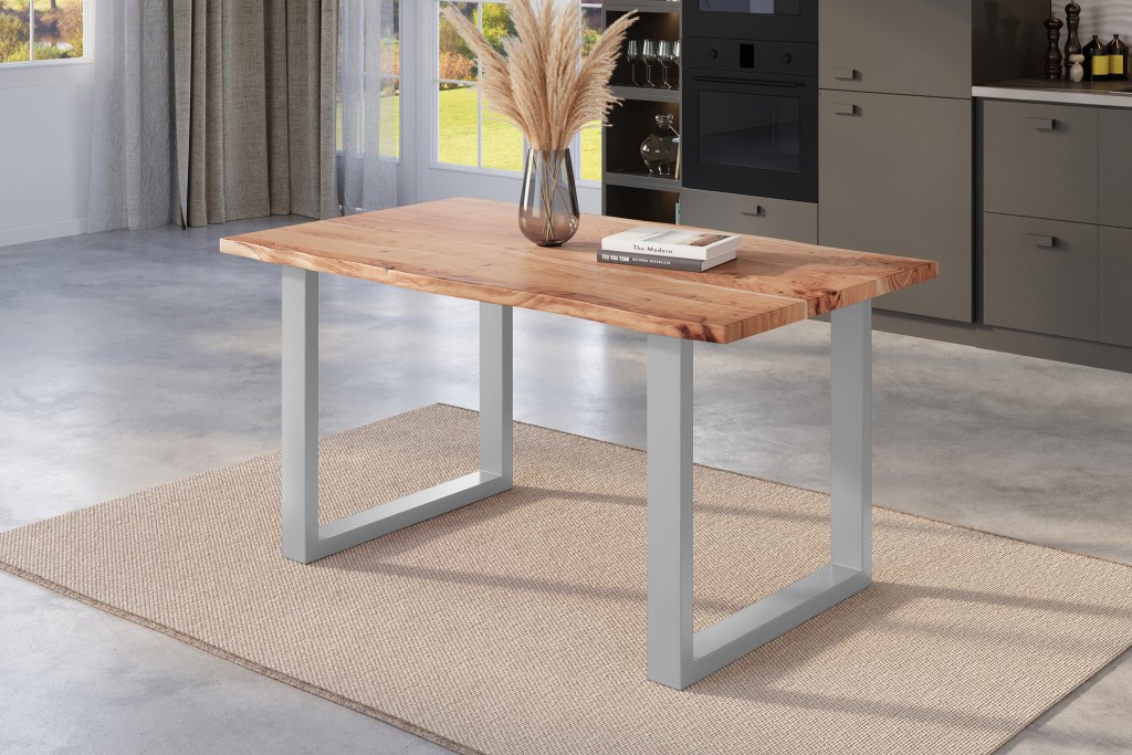 Esstisch Baumkante massiv Akazie natur 160 x 85 U-Gestell silber NICK