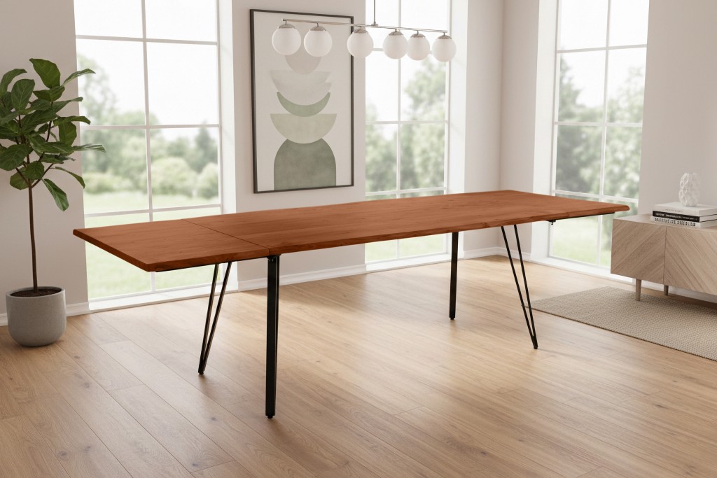 Esstisch Baumkante Akazie nuss 180(280)x90 Ansteckplatten Vierfuß-Gestell schwarz AVINO