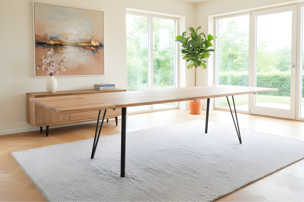 Esstisch Baumkante Akazie natur 200(300)x100 Ansteckplatten Vierfuß-Gestell schwarz AVINO