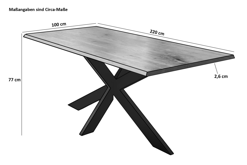 Esstisch Baumkante massiv Akazie natur 220 x 100 cm Spider-Gestell schwarz KALEA
