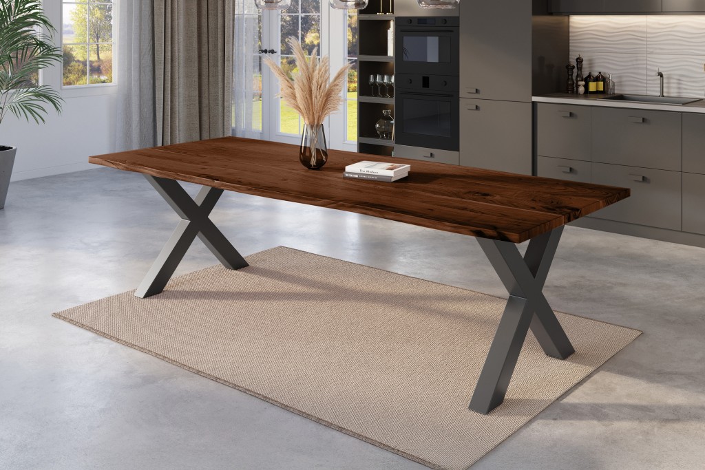 Esstisch Baumkante massiv Akazie nussbaum 300 x 100 schwarz X-Gestell NICK