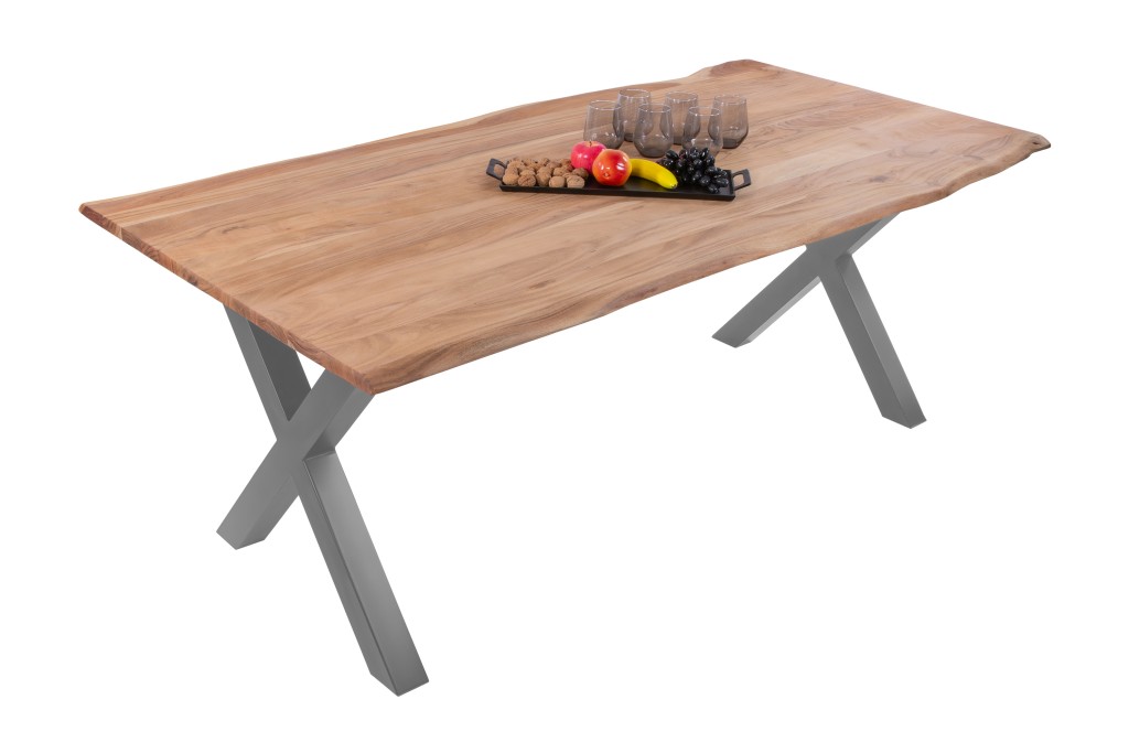 Esstisch Baumkante massiv Akazie eichefarben 280 x 100 cm X-Gestell silber DEREK
