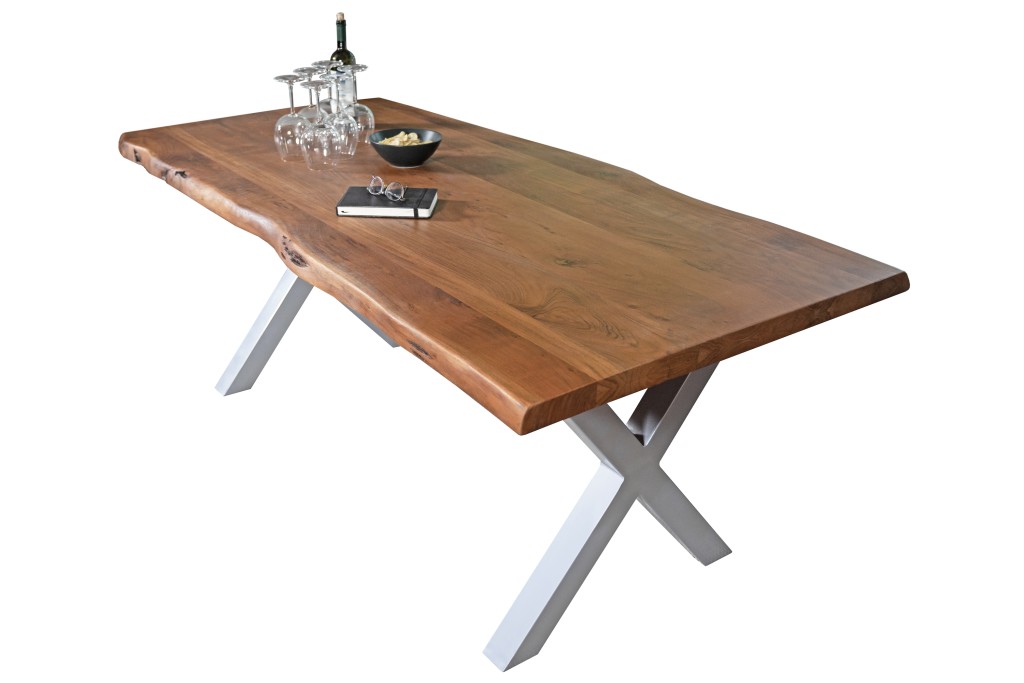 Esstisch Baumkante massiv Akazie Nuss 240 x 120 X-Gestell silber CALI