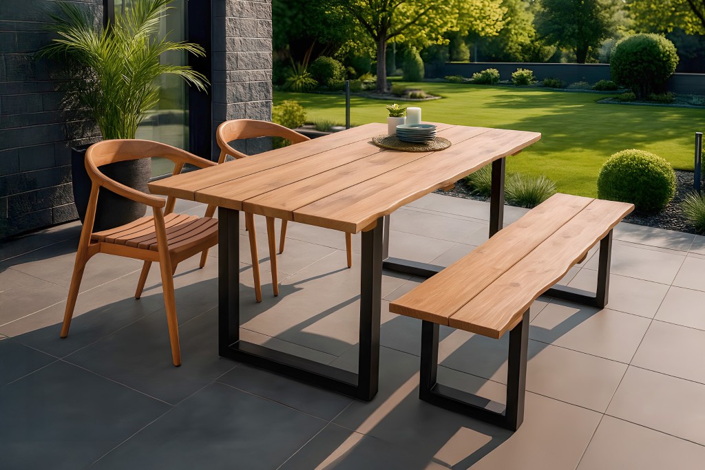 Gartengruppe 4tlg Gartentisch Teak 180 x 90 cm mit Gartenbank & 2 Gartenstühlen BOGOTA