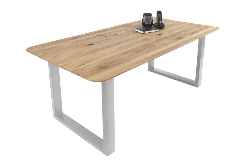 Esszimmertisch Schweizer Kante rund massiv & geölt Eiche 180x90 silber U-Gestell Lotte