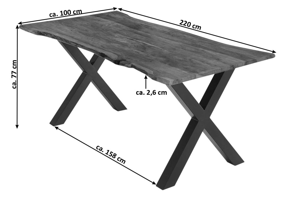 Esstisch Akazie nussbaumfarben 220 x 100 cm X-Gestell schwarz YVONNE