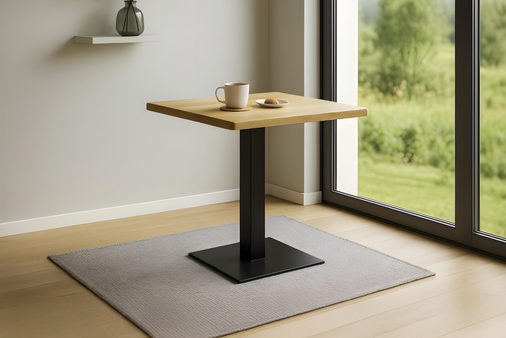 Bistrotisch Baumkante massiv 80 x 80 cm Eiche schwarz Säulengestell IRIS