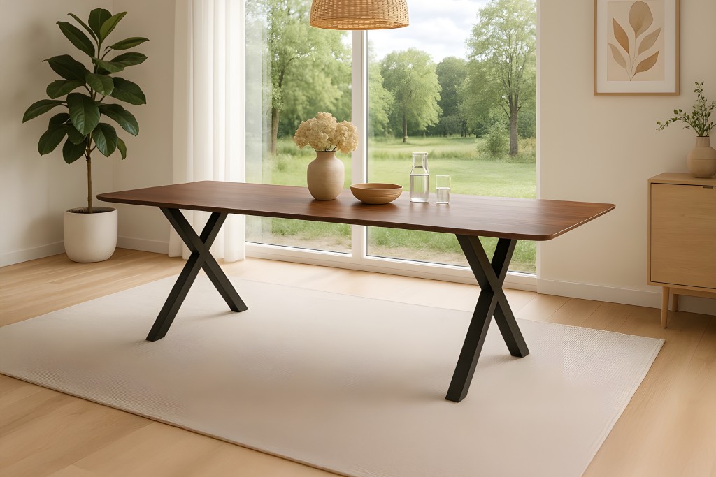Esstisch 220 x 100 cm Akazie massiv kastanienfarben Schweizer Kante X-Gestell schwarz ROBERTO