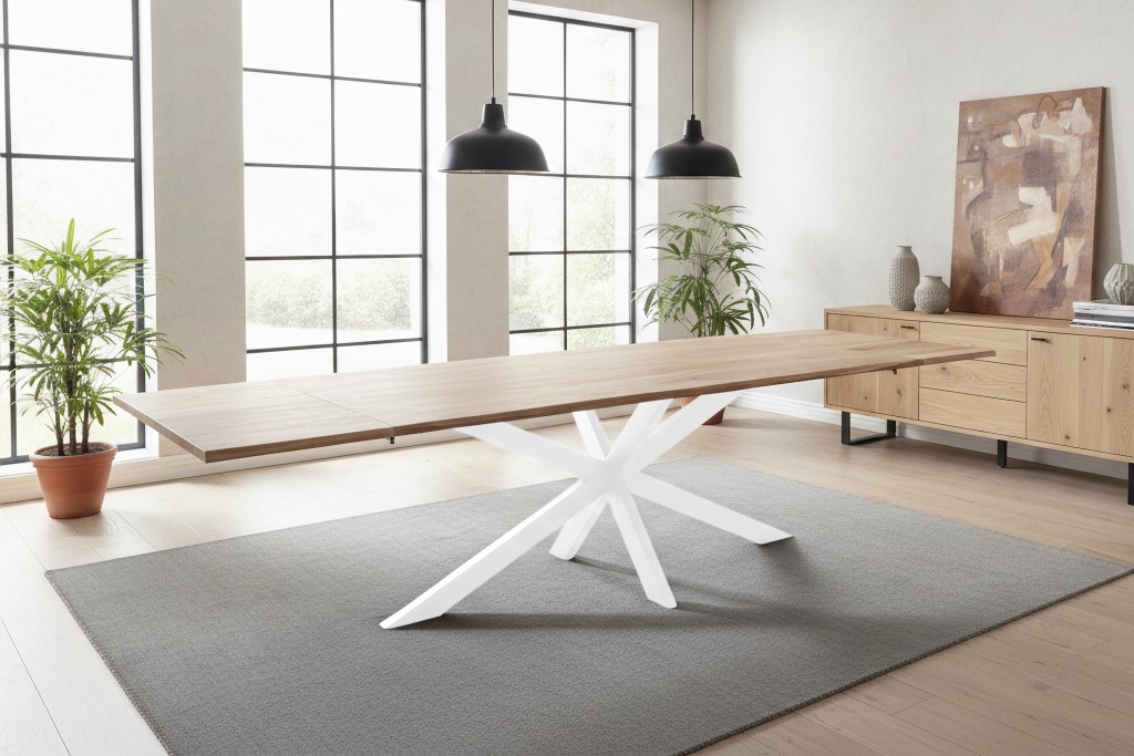 Esstisch Baumkante Akazie natur 200(300)x100 Ansteckplatten Spider-Gestell weiß AVINO