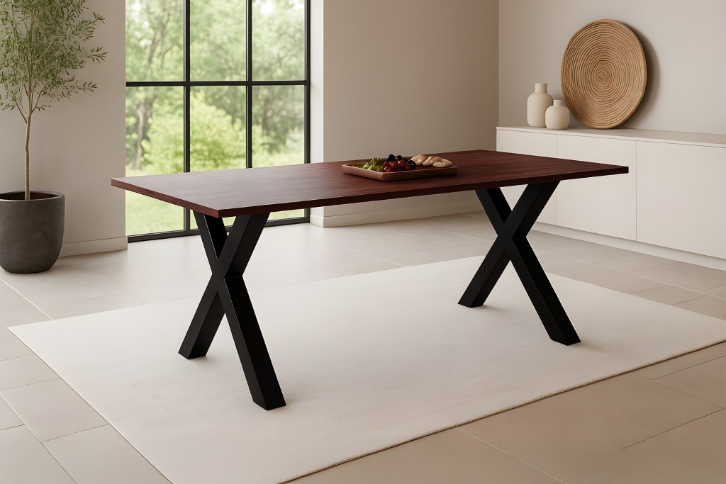 Esstisch 180x90cm Akazie massiv kastanienfarben schweizer Kante X-Gestell schwarz RITA