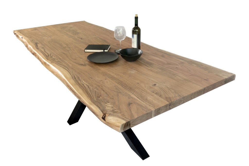 Esstisch Baumkante massiv Akazie Natur 280 x 120 Spider-Gestell schwarz CALI
