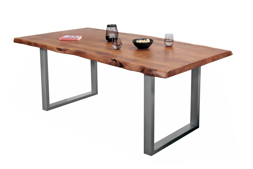 Esstisch Baumkante massiv Akazie Nussbaum 350 x 120 U-Gestell silber CALI