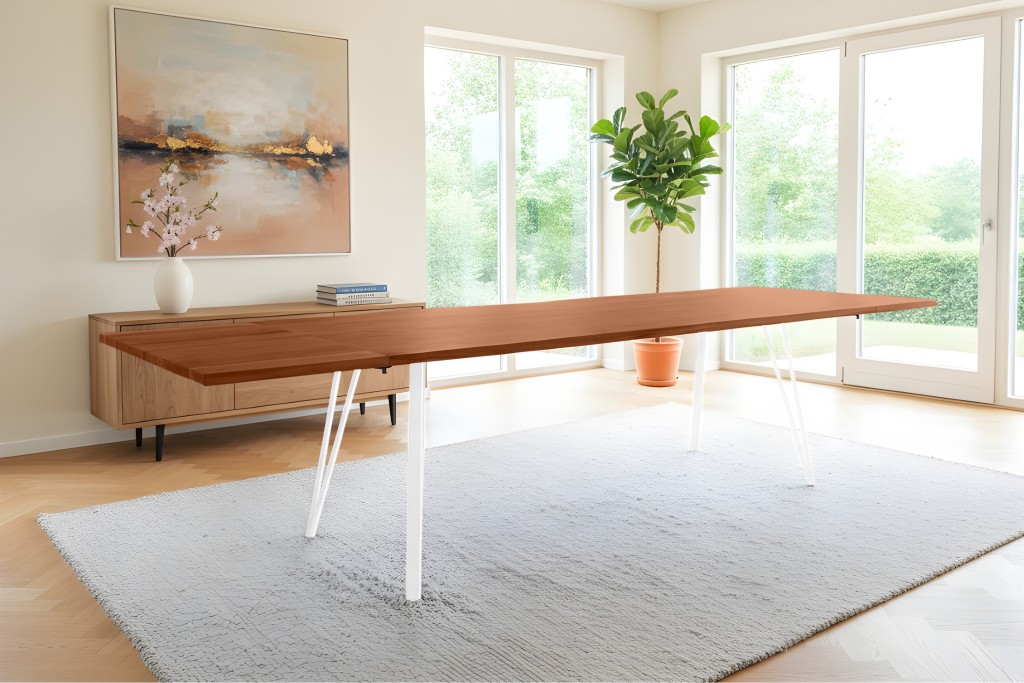 Esstisch Baumkante Akazie nuss 220(320)x100 Ansteckplatten Vierfuß-Gestell weiß AVINO