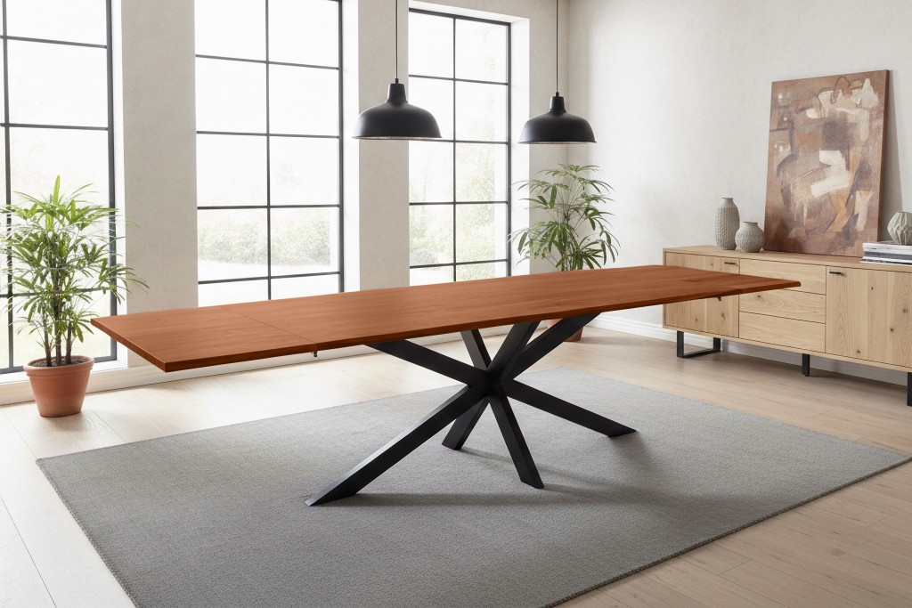 Esstisch Baumkante Akazie nuss 220(320)x100 Ansteckplatten Spider-Gestell schwarz AVINO