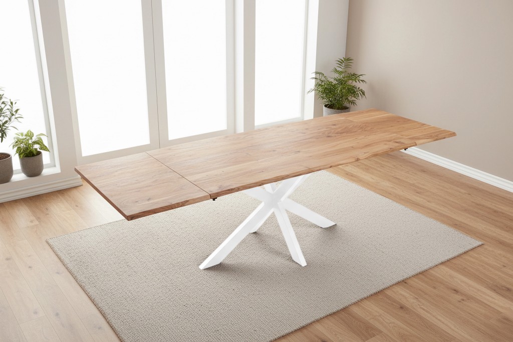 Esstisch Baumkante Akazie natur 160(260)x90 Ansteckplatten Spider-Gestell weiß AVINO