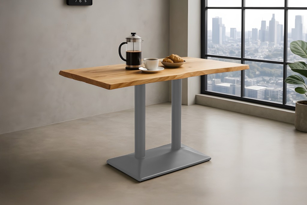 Bistrotisch Baumkante massiv 120 x 60 cm Akazie naturfarben Doppelsäulengestell silber ISLA