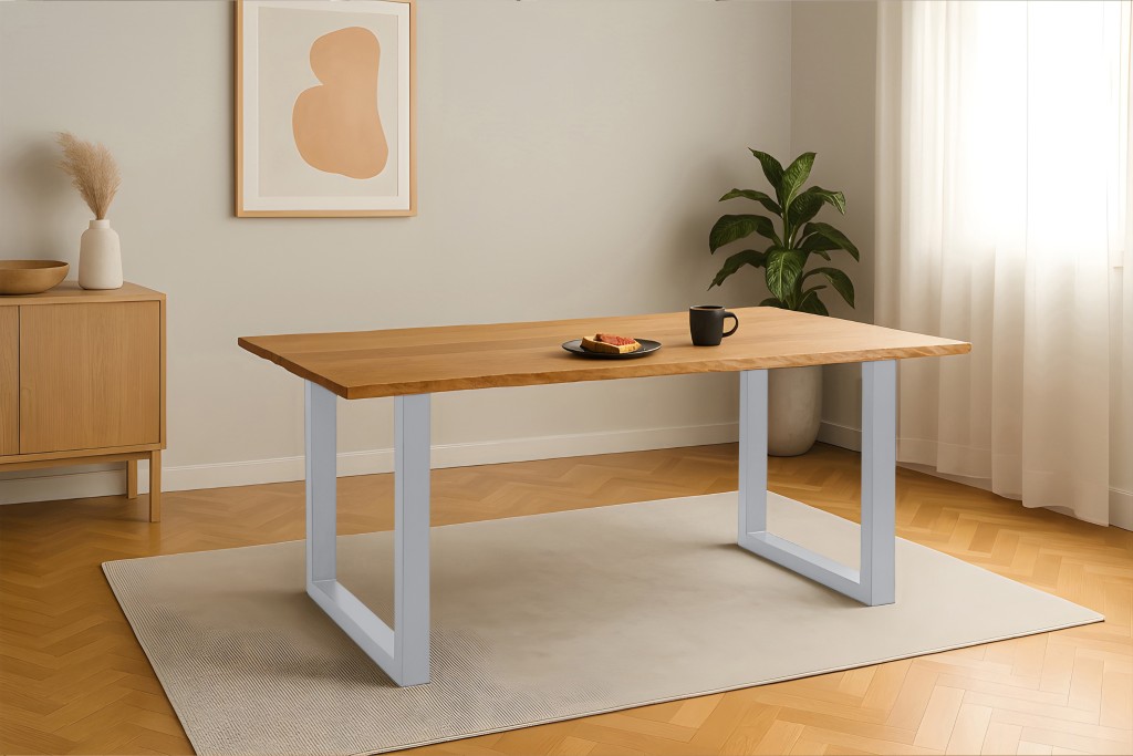 Esstisch Baumkante massiv Eiche geölt 280 x 100 cm U-Gestell silber SALVADOR