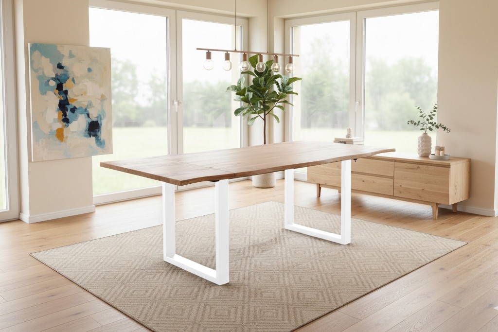 Esstisch Baumkante Akazie natur 120(200)x90 Ansteckplatten U-Gestell weiß AVINO