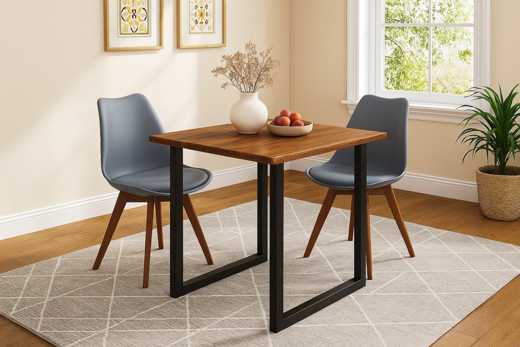 Essgruppe Baumkante massiv 90 x 90 cm Akazie nussbaumfarben U-Gestell schwarz & 2 Stühle grau QUINN
