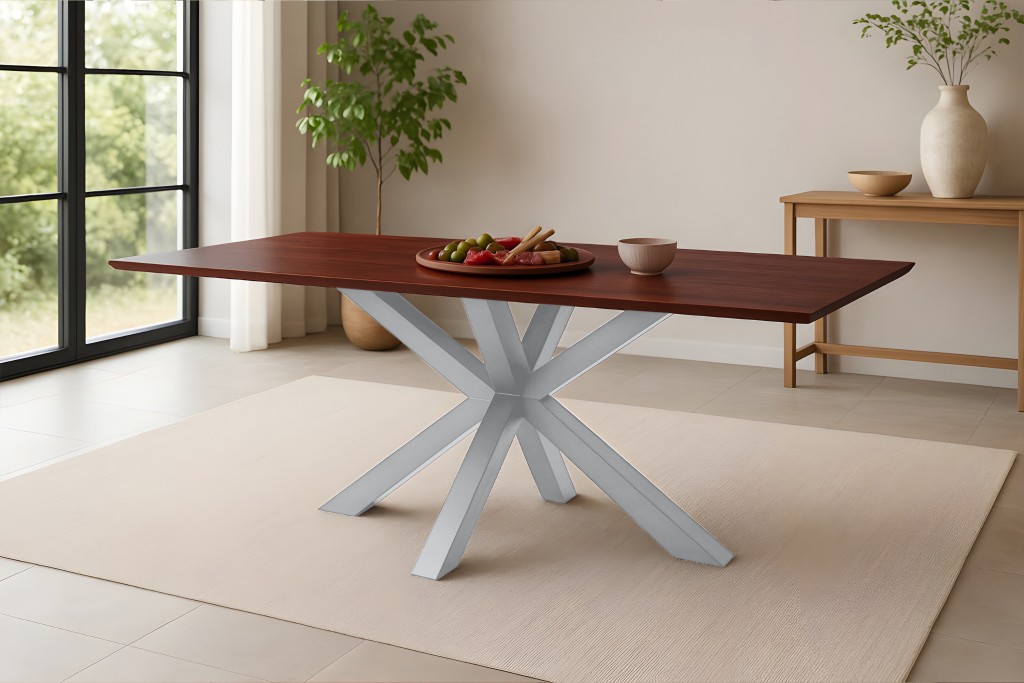 Esstisch 200x100cm Akazie massiv kastanienfarben schweizer Kante Spider-Gestell silber RITA