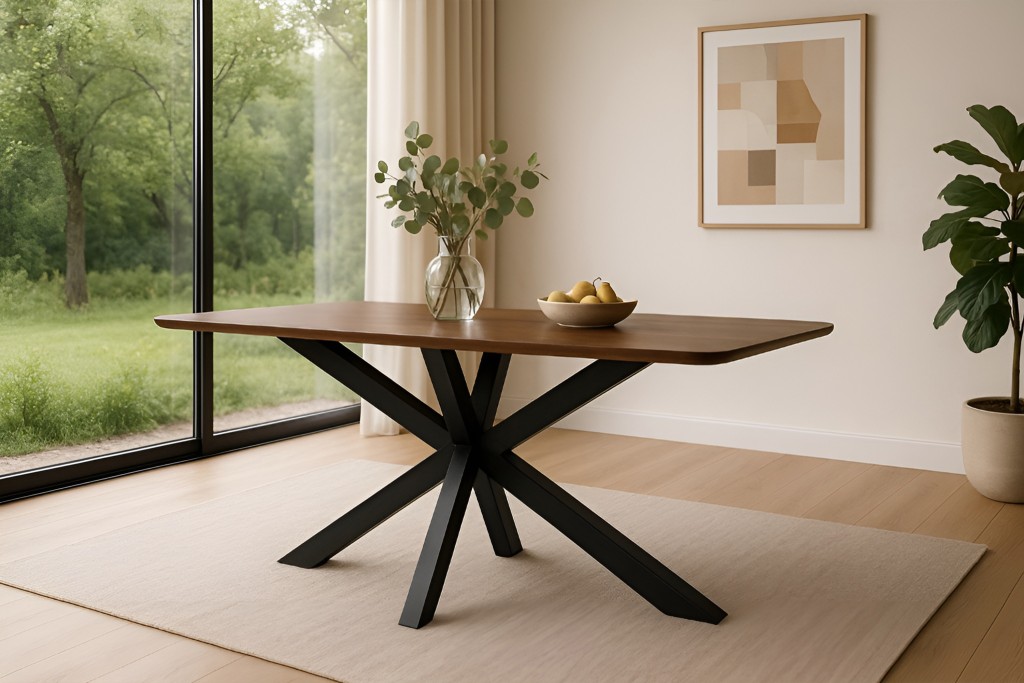 Esstisch 140 x 80 cm Akazie massiv kastanienfarben Schweizer Kante Spider-Gestell schwarz ROBERTO