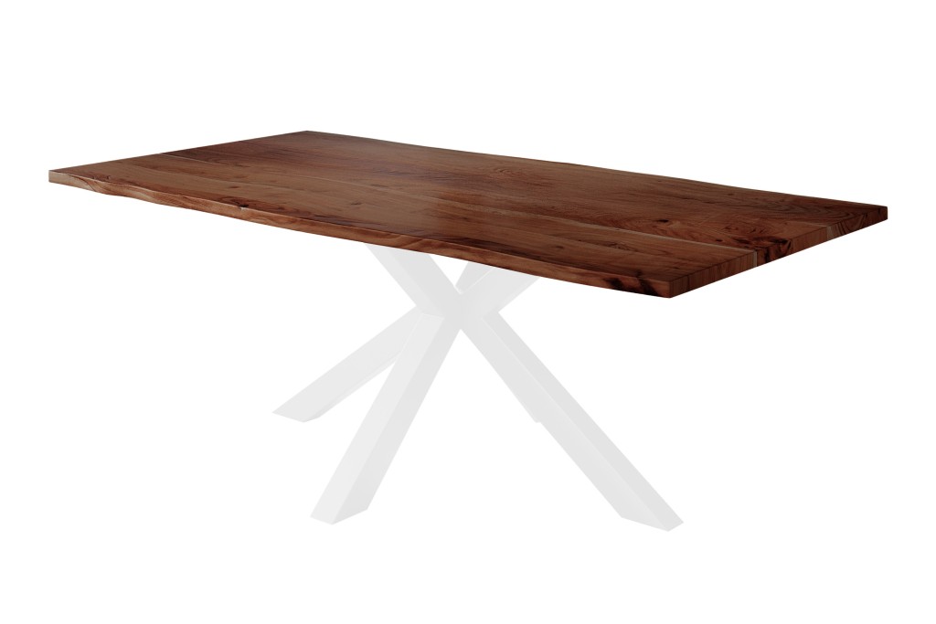 Esstisch Baumkante massiv Akazie nussbaum 180 x 90 cm Spider-Gestell weiß Kalea