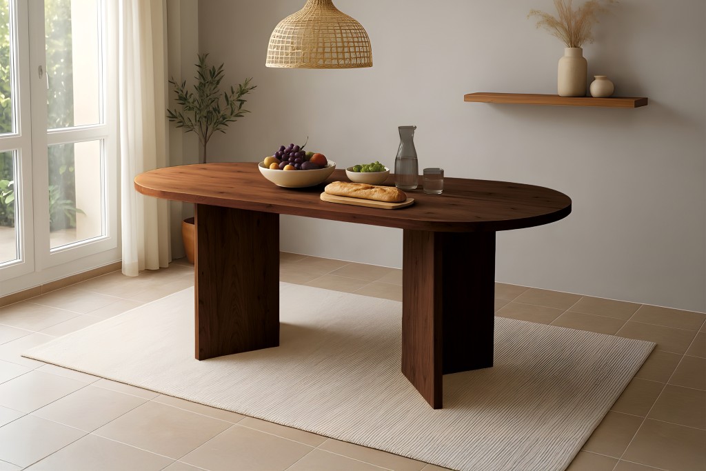 Esstisch 204 x 90 cm Akazienholz Nussbaum gerade Kante oval V-Gestell LAURIE