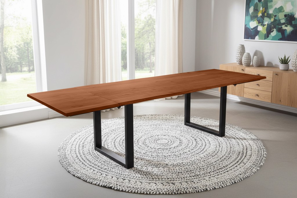 Esstisch Baumkante Akazie nuss 160(260)x90 Ansteckplatten U-Gestell schwarz AVINO