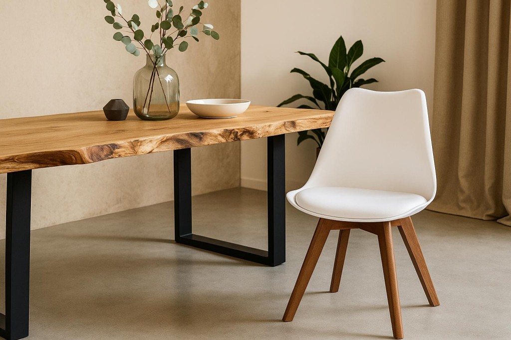 Esszimmer Schalenstuhl & Polster Kunstleder weiß Stuhlbein Massivholz nussbaumfarben LOVELACE