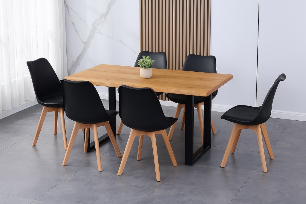 Essgruppe Baumkante massiv 160 x 85 cm Holz Wildeiche-Optik U-Gestell schwarz & 6 Stühle schwarz JOSY