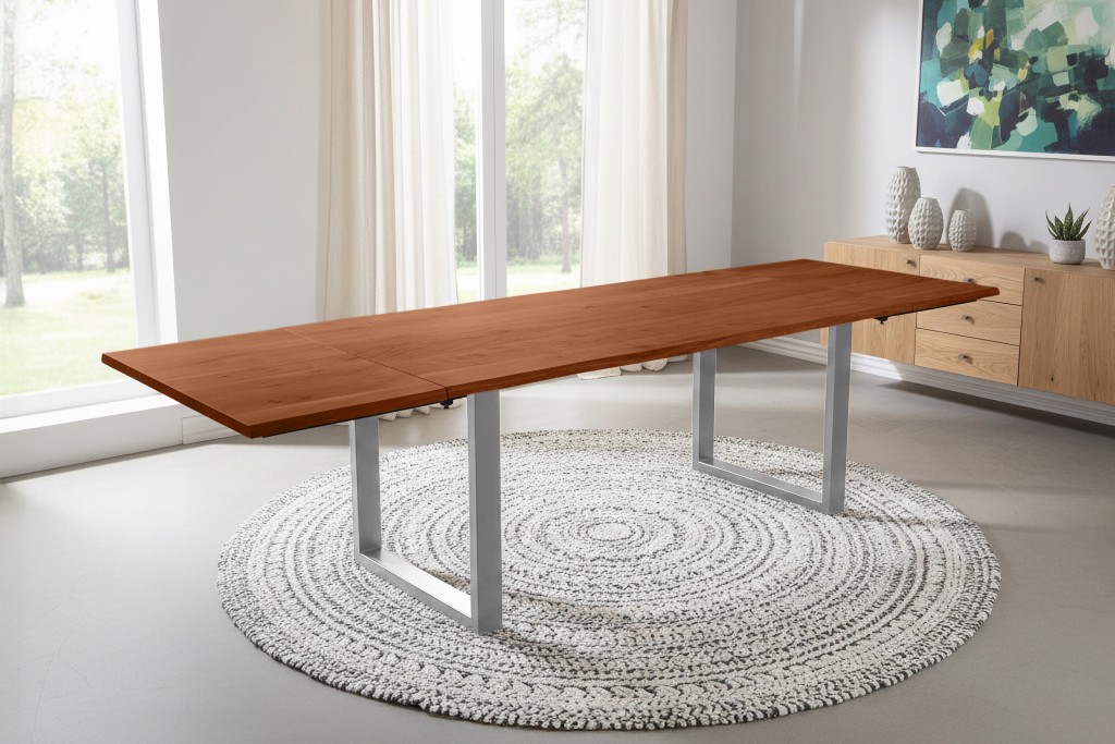 Esstisch Baumkante Akazie nuss 180(280)x90 Ansteckplatten U-Gestell silber AVINO