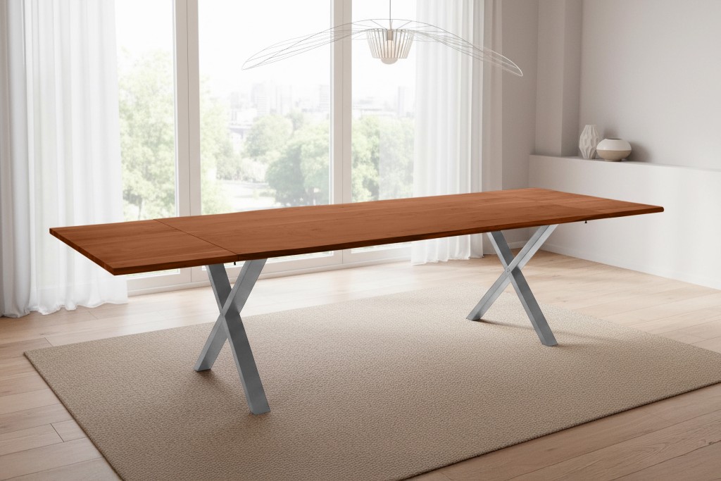 Esstisch Baumkante Akazie nuss 200(300)x100 Ansteckplatten X-Gestell silber AVINO