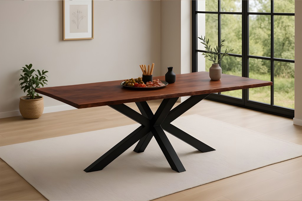 Esstisch Baumkante massiv Akazie kastanienfarben 200 x 100 cm Spider-Gestell schwarz Roxana