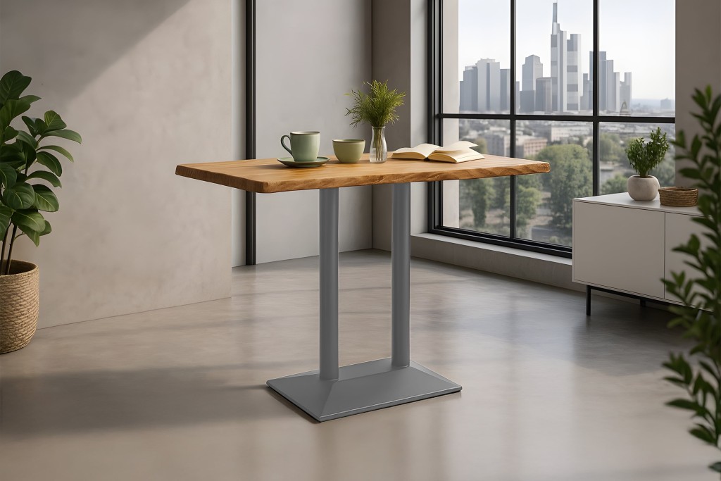 Bistrotisch Baumkante massiv 120 x 60 cm Akazie naturfarben silber Doppelsäulengestell IAN