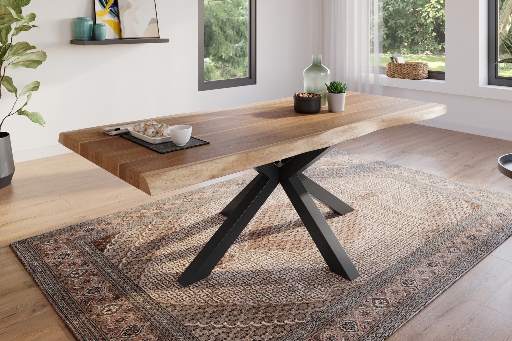 Esstisch Baumkante massiv Akazie natur 220 x 110 Spider-Gestell schwarz ATLAS