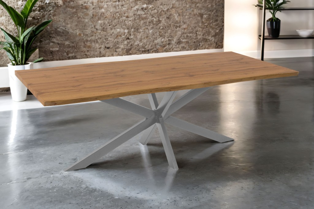 Esstisch Baumkante Holz-Optik Wildeiche 240 x 100 Spider-Gestell silber JOSY