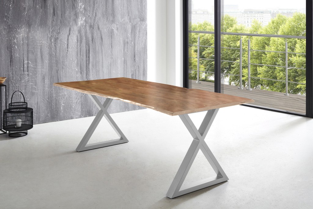 Esstisch Baumkante massiv Akazie natur 240 x 100 silber X-Gestell LUBIN