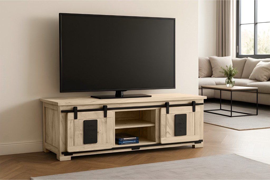 Lowboard Kommode TV-Board mit Schiebetüren & 6 Fächern Akazie massiv eiche 145 x 45 x 50 cm LIBRO